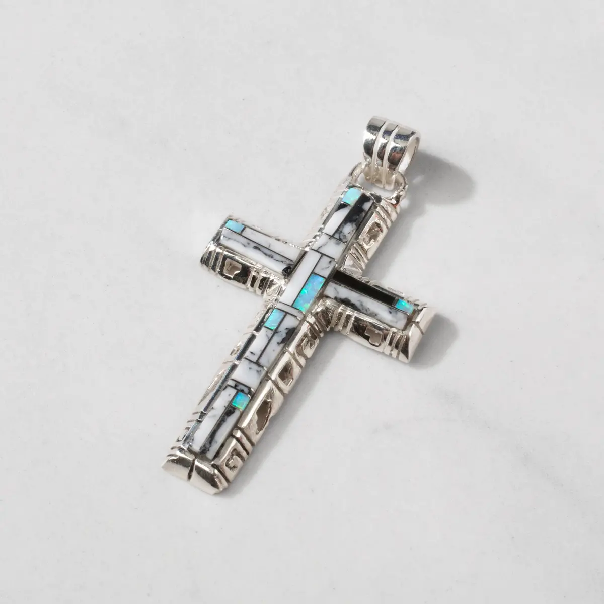 White Buffalo Turquoise Cross 925 Sterling Silver Pendant Usa Handmade With Opal Accent 1