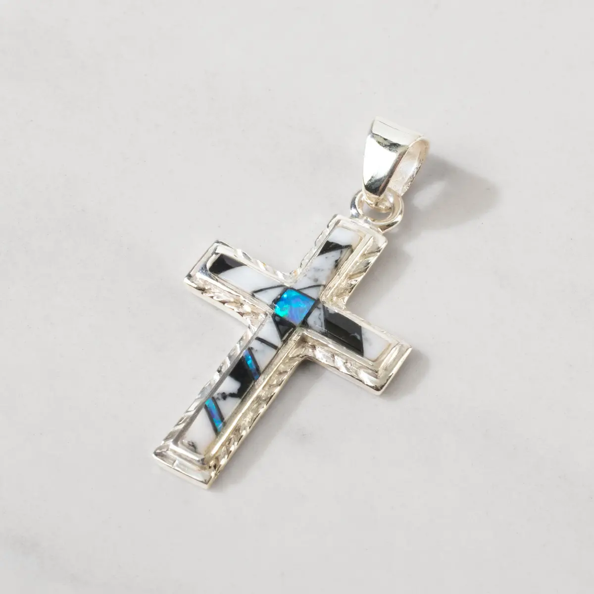 White Buffalo Turquoise Cross 925 Sterling Silver Usa Handmade Pendant With Opal Accent 1
