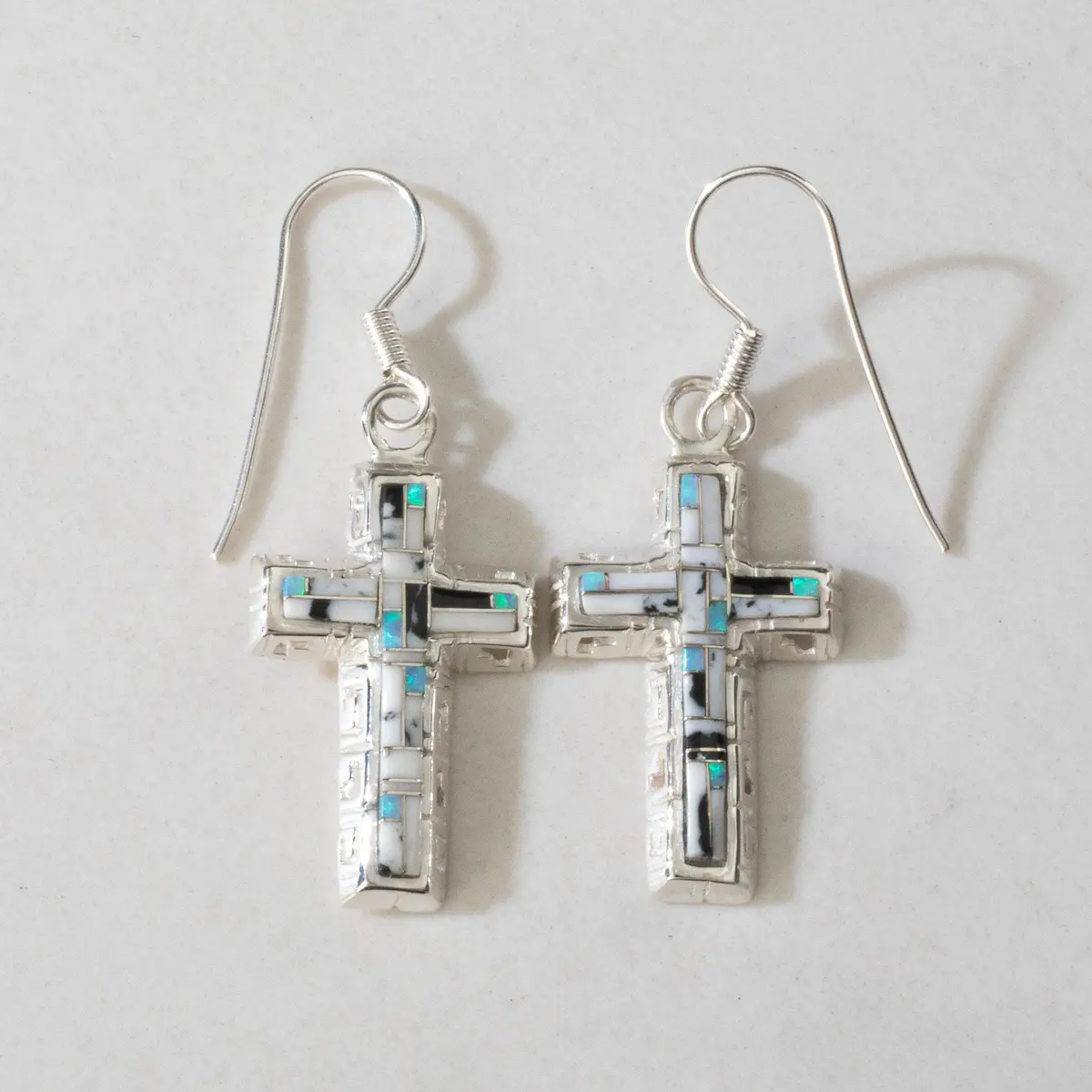 White Buffalo Turquoise Cross Usa Handmade 925 Sterling Silver Earrings With Opal Accent & French Hook Backing 1