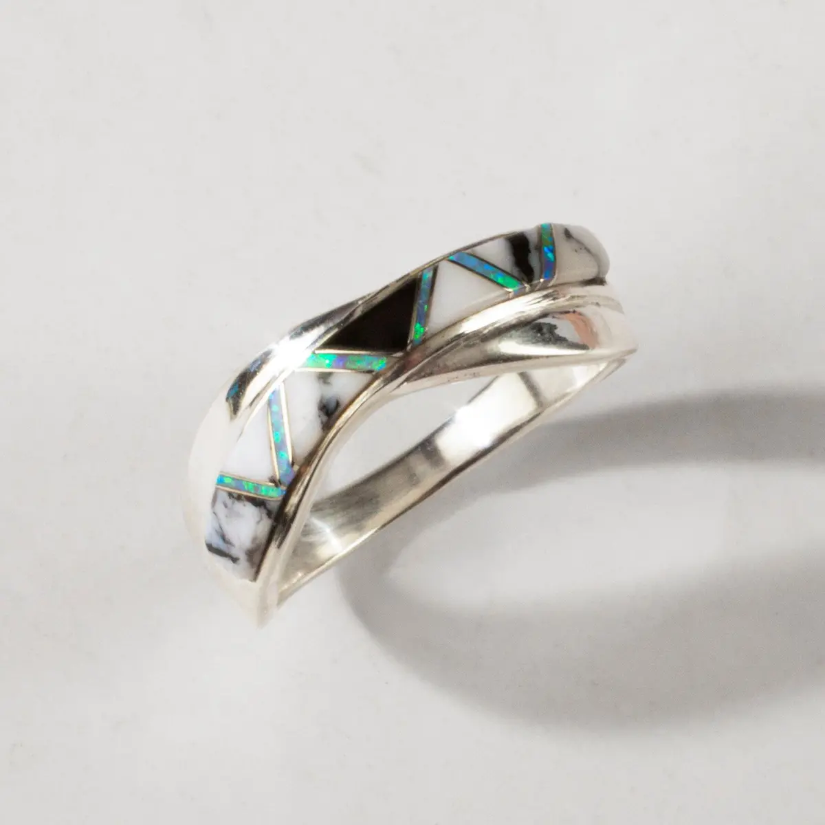 White Buffalo Turquoise Crossover 925 Sterling Silver Ring Usa Handmade With Laboratory Opal Accent 1