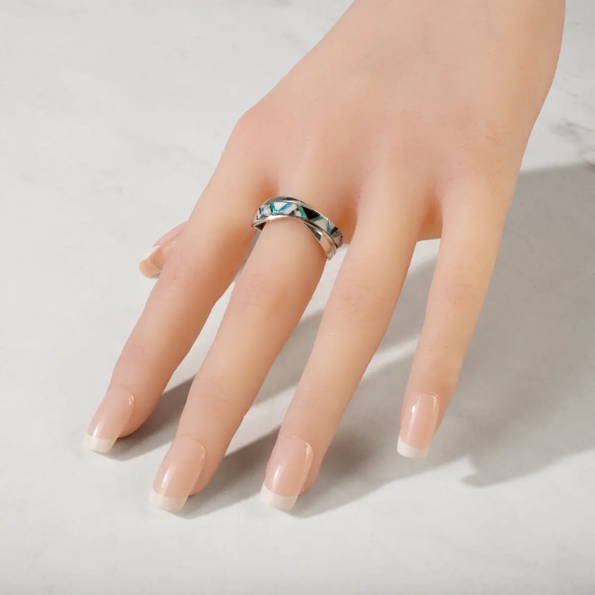 White Buffalo Turquoise Crossover 925 Sterling Silver Ring Usa Handmade With Laboratory Opal Accent 2