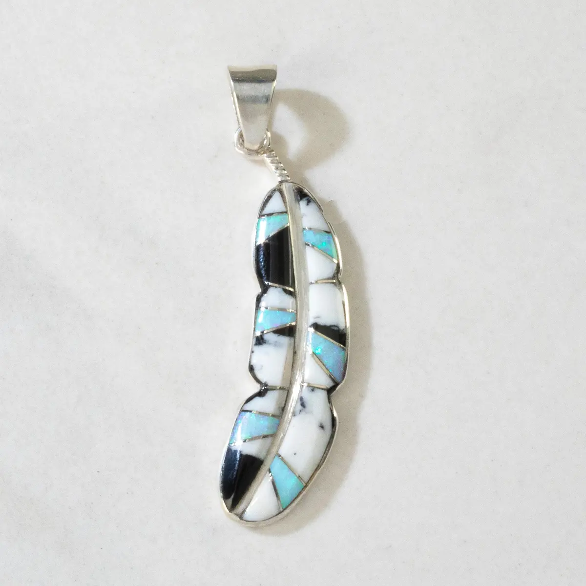 White Buffalo Turquoise Feather 925 Sterling Silver Pendant Usa Handmade With Opal Accent 1