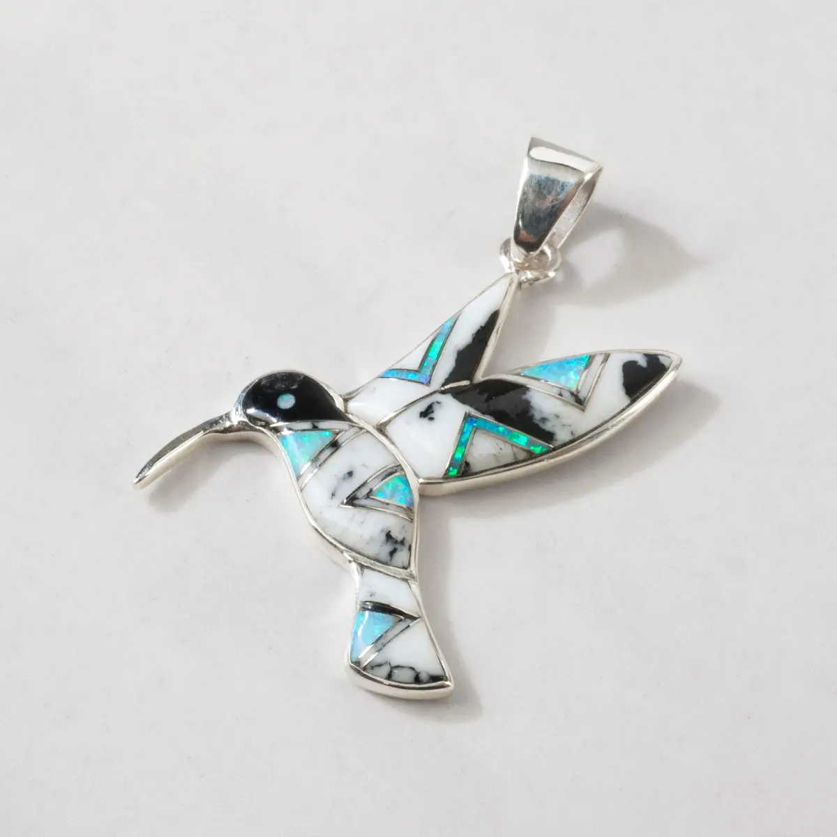 White Buffalo Turquoise Hummingbird 925 Sterling Silver Pendant Usa Handmade With Opal Accent 1
