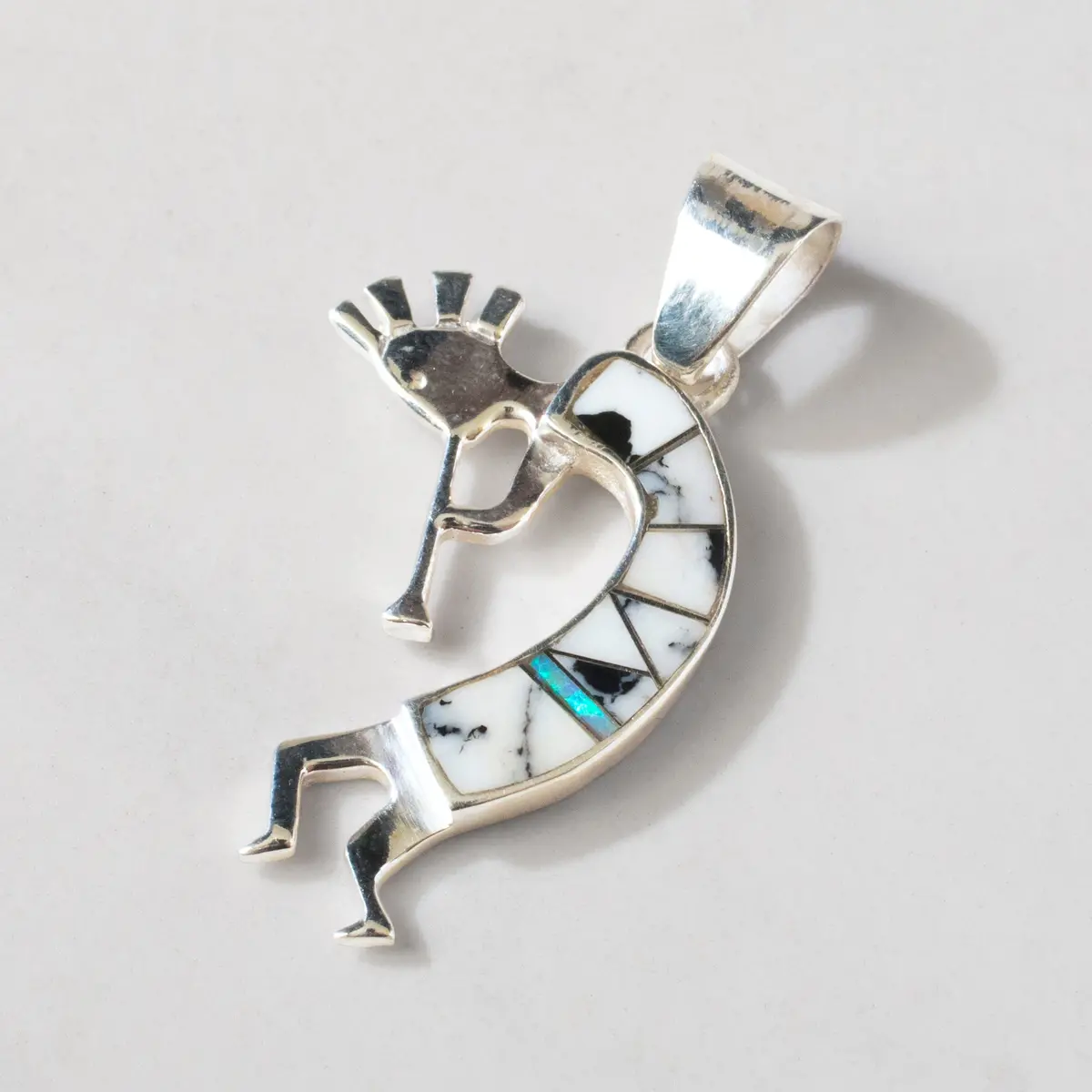White Buffalo Turquoise Kokopelli Usa Handmade 925 Sterling Silver Pendant With Opal Accent 1