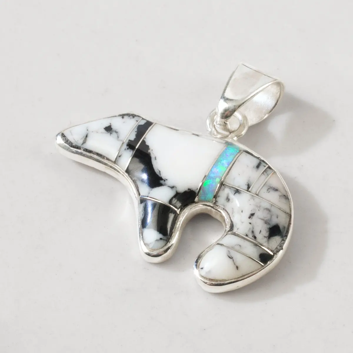 White Buffalo Turquoise & Opal Bear Usa Handmade 925 Sterling Silver Pendant 1