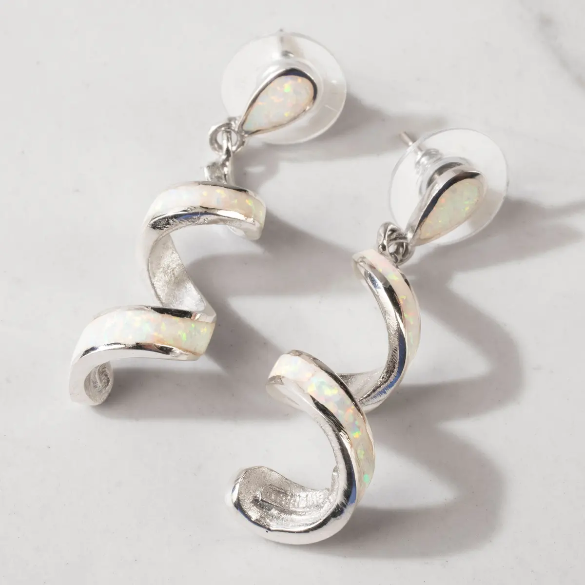 White Opal Spiral 925 Sterling Silver Usa Handmade Earrings With Stud Backing 1