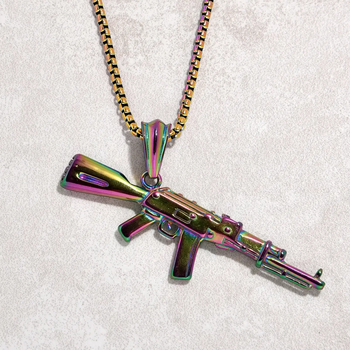 Aurora Borealis Ak-47 Gun Steel Hearts Necklace 1