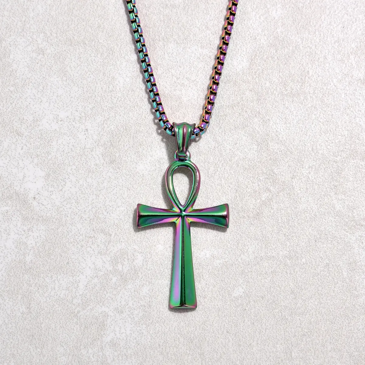 Aurora Borealis Ankh Cross Steel Hearts Necklace 1