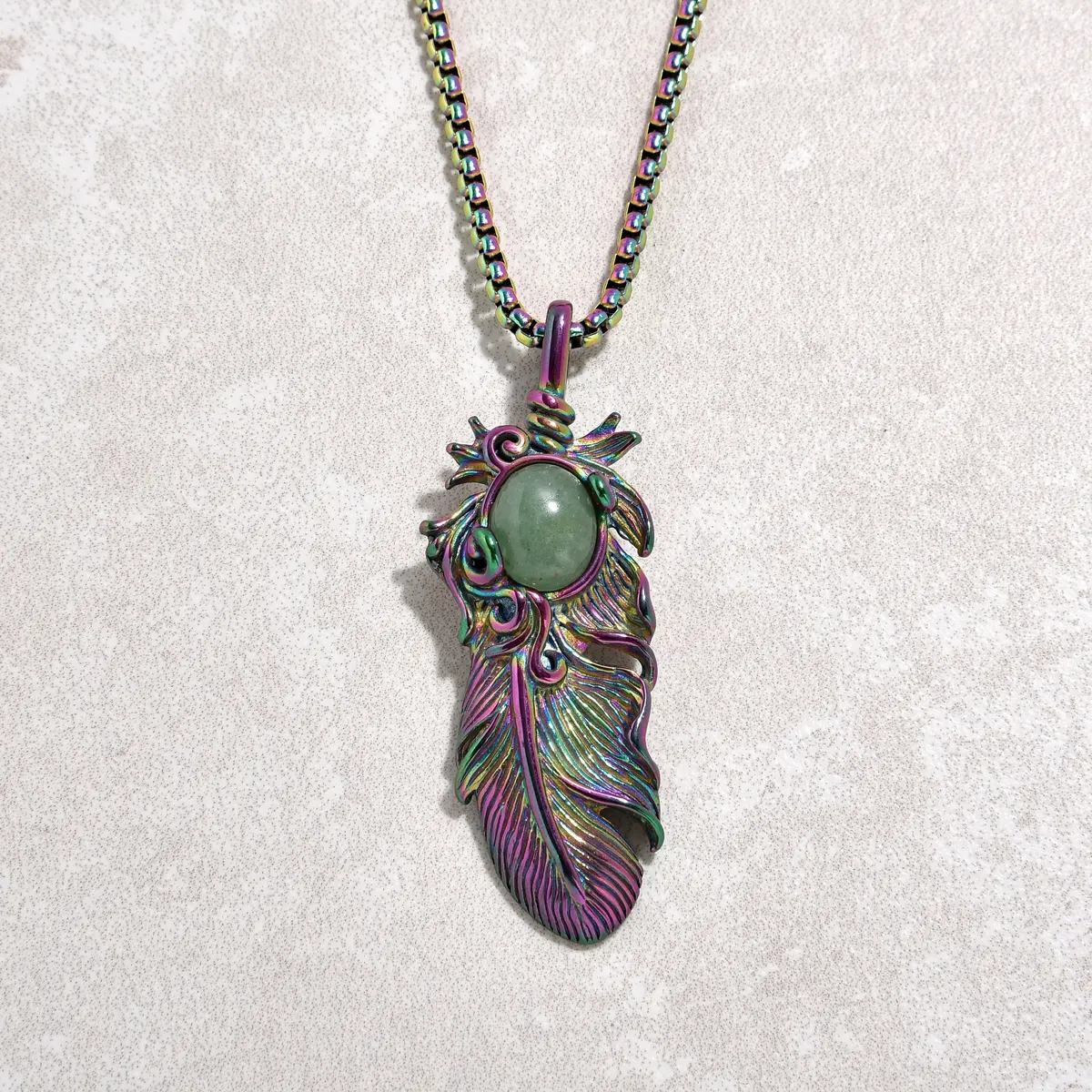 Aurora Borealis Aventurine Feather Steel Hearts Necklace 1