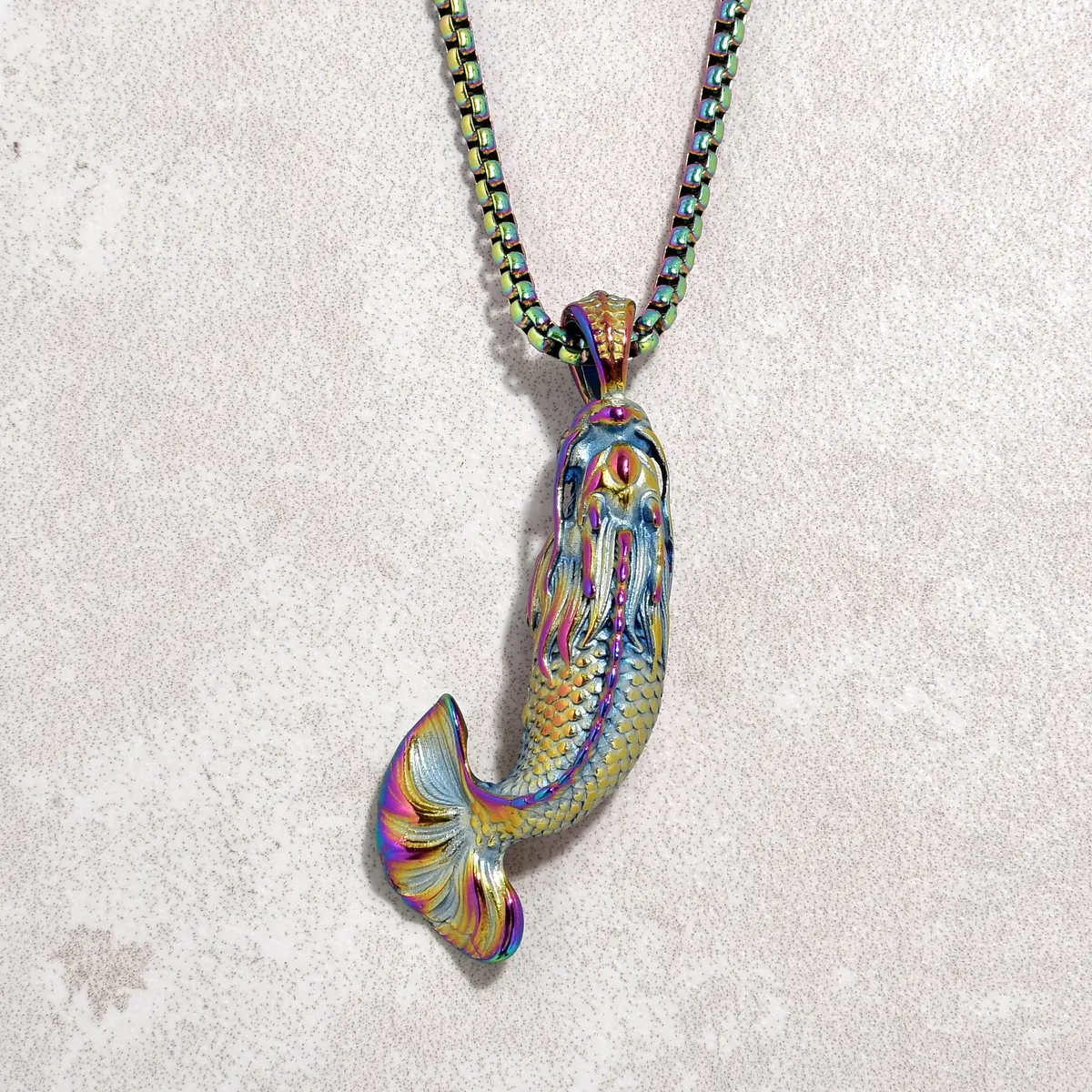 Aurora Borealis Carp Fish Steel Hearts Necklace 1