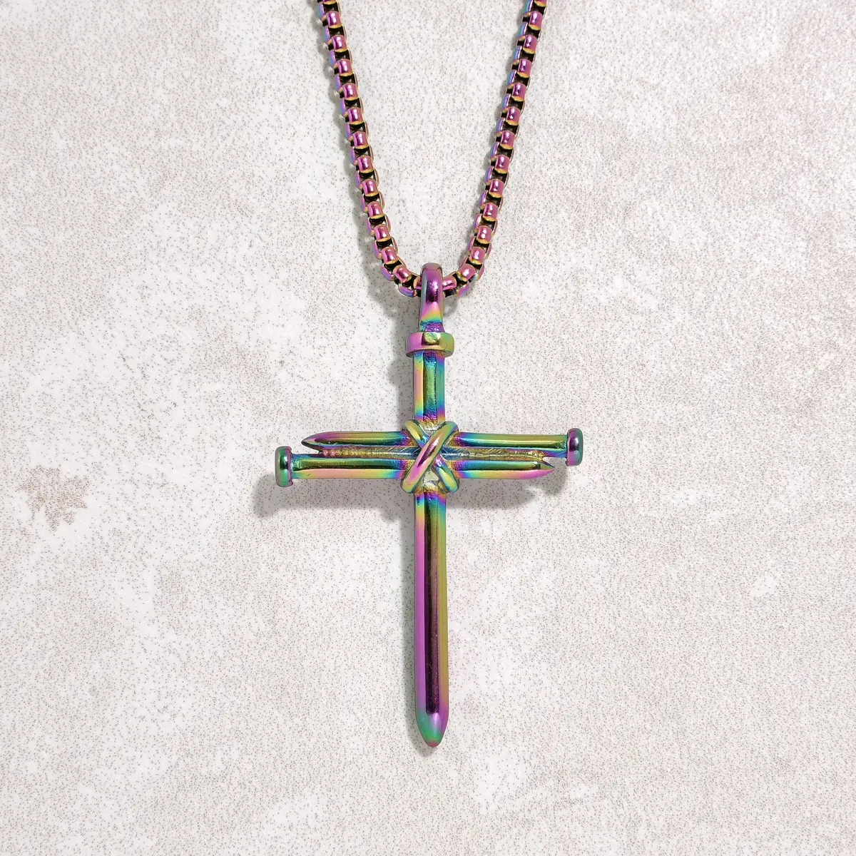 Aurora Borealis Cross Steel Hearts Necklace 1