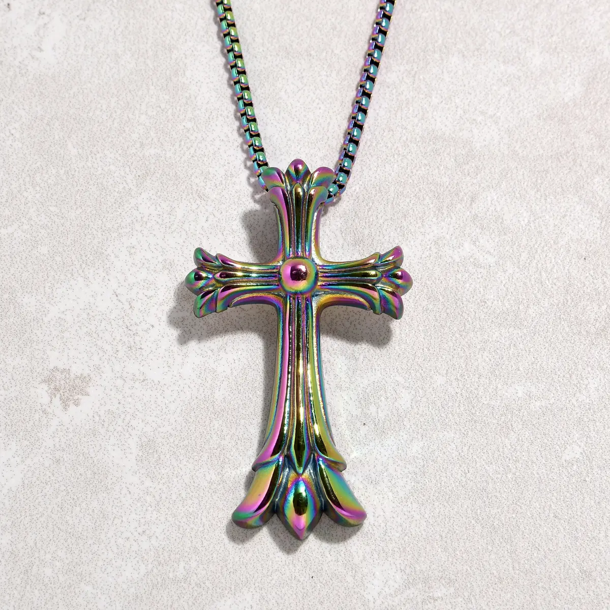 Aurora Borealis Cross Steel Hearts Necklace 1