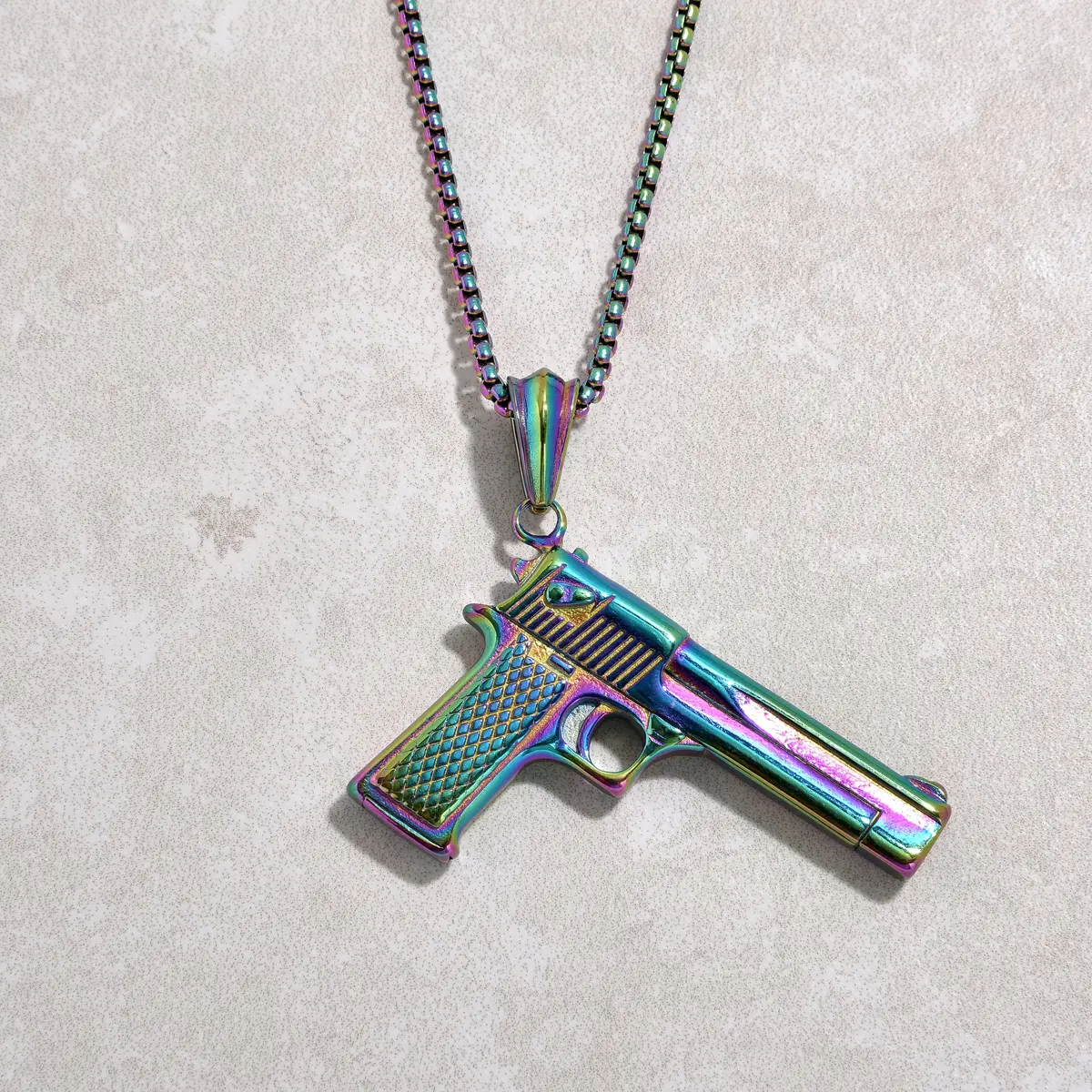 Aurora Borealis Desert Eagle Glock Pistol Gun Steel Hearts Necklace 1