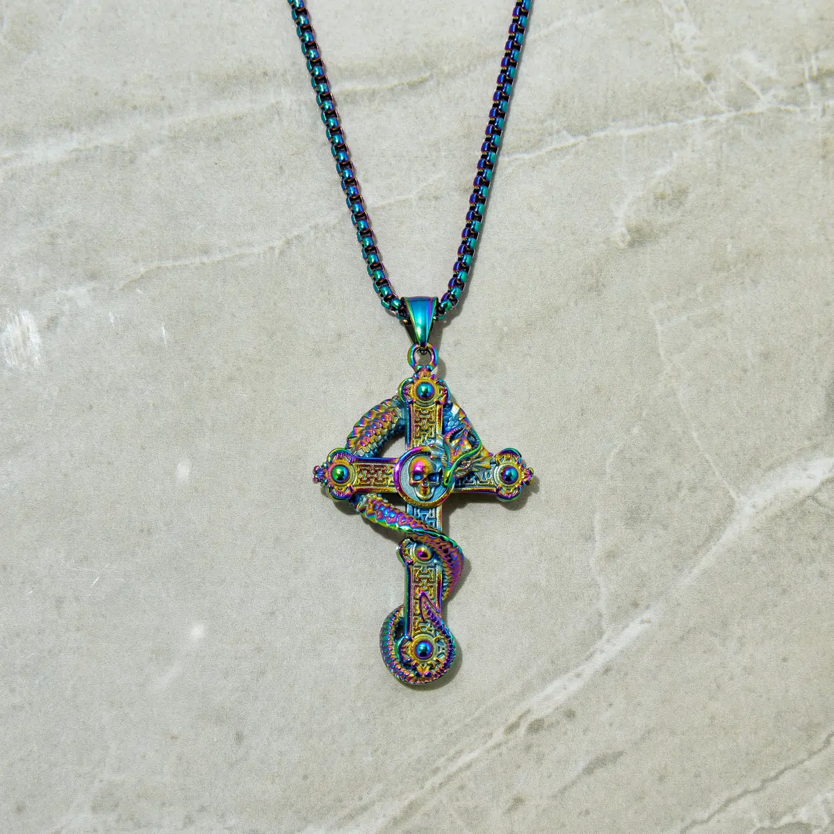 Aurora Borealis Dragon Cross Steel Hearts Necklace 1