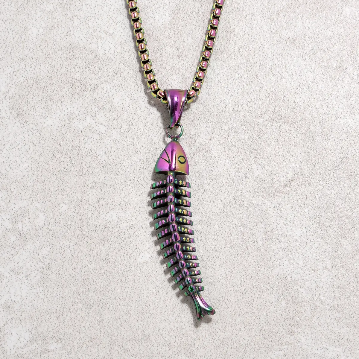 Aurora Borealis Fish Bone Steel Hearts Necklace 1