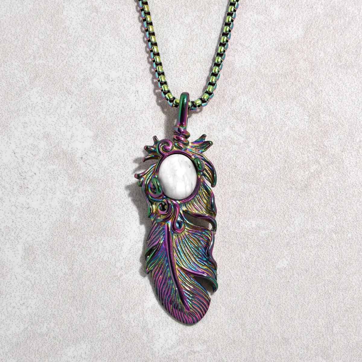 Aurora Borealis Howlite Feather Steel Hearts Necklace 1