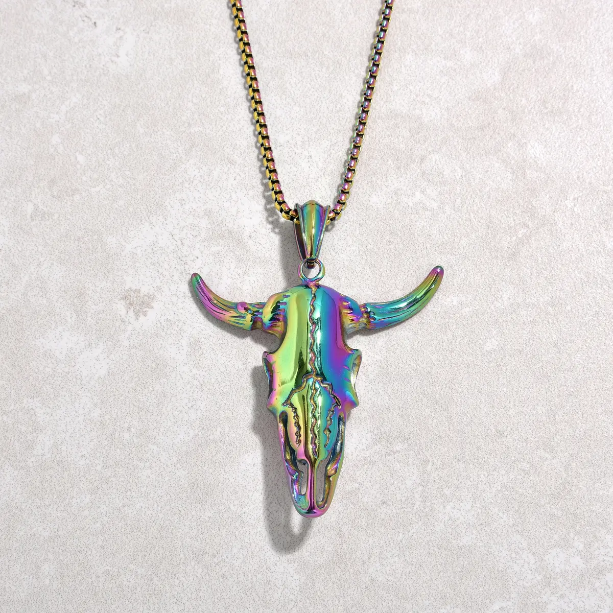 Aurora Borealis Large Bull Skull Steel Hearts Necklace 1