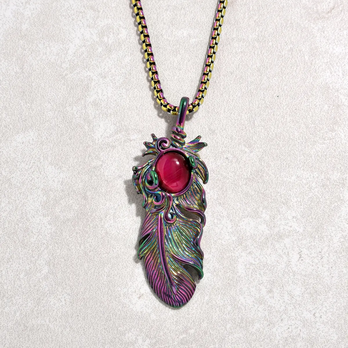 Aurora Borealis Pink Tiger Eye Feather Steel Hearts Necklace 1