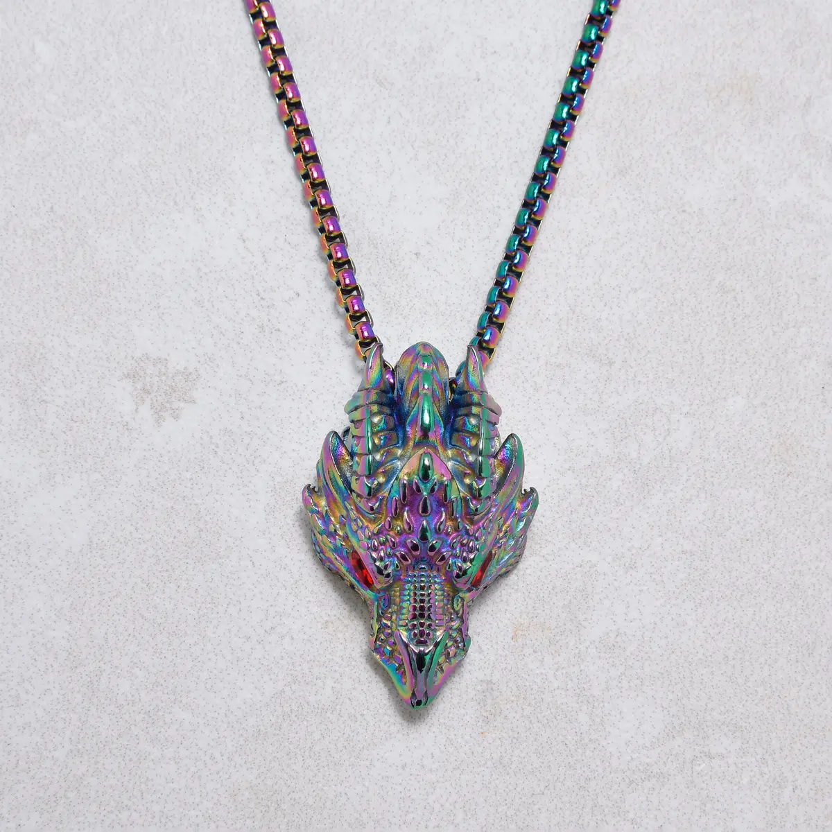 Aurora Borealis Red Eyed Dragon Steel Hearts Necklace 1
