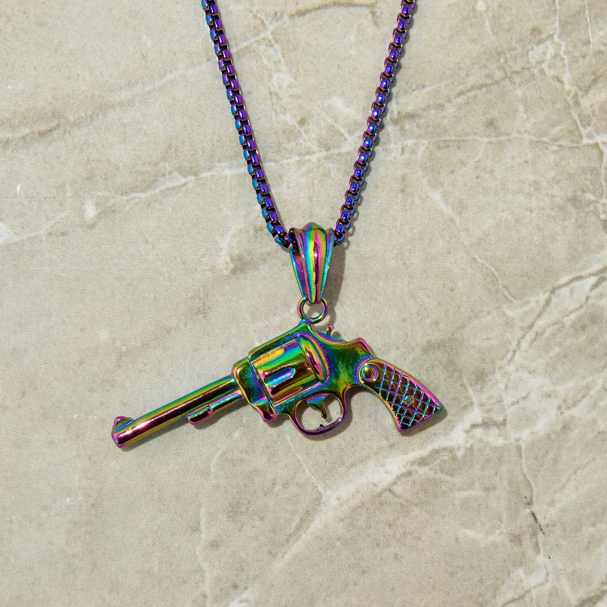 Aurora Borealis Revolver Gun Steel Hearts Necklace 1