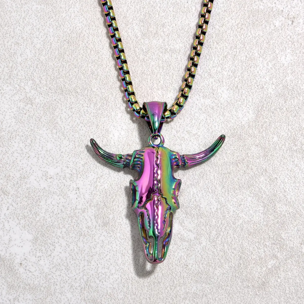 Aurora Borealis Small Bull Skull Steel Hearts Necklace 1
