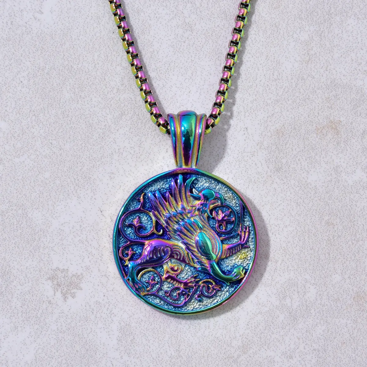 Aurora Borealis Phoenix Bird Steel Hearts Necklace 1