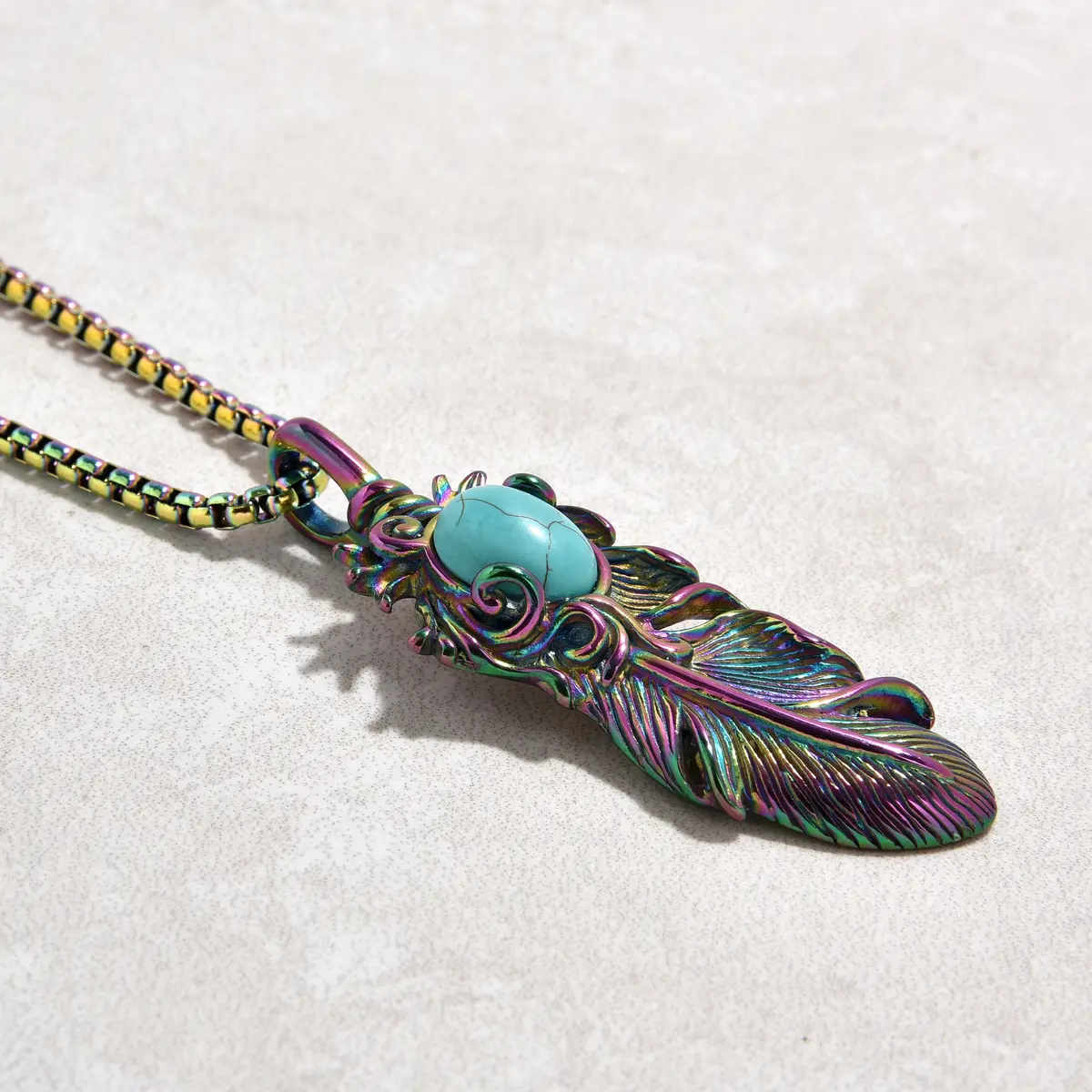 Aurora Borealis Turquoise Feather Steel Hearts Necklace 1