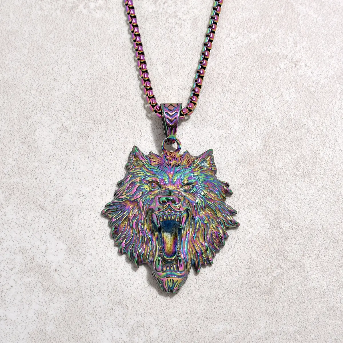 Aurora Borealis Wolf Steel Hearts Necklace 1