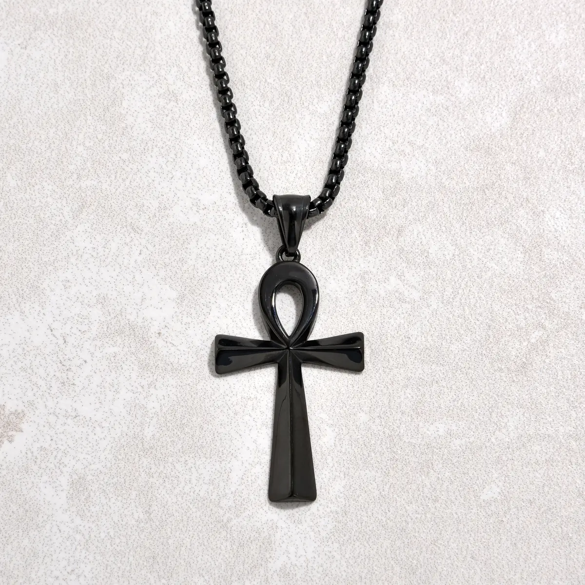 Black Gun Metal Ankh Cross Steel Hearts Necklace 1