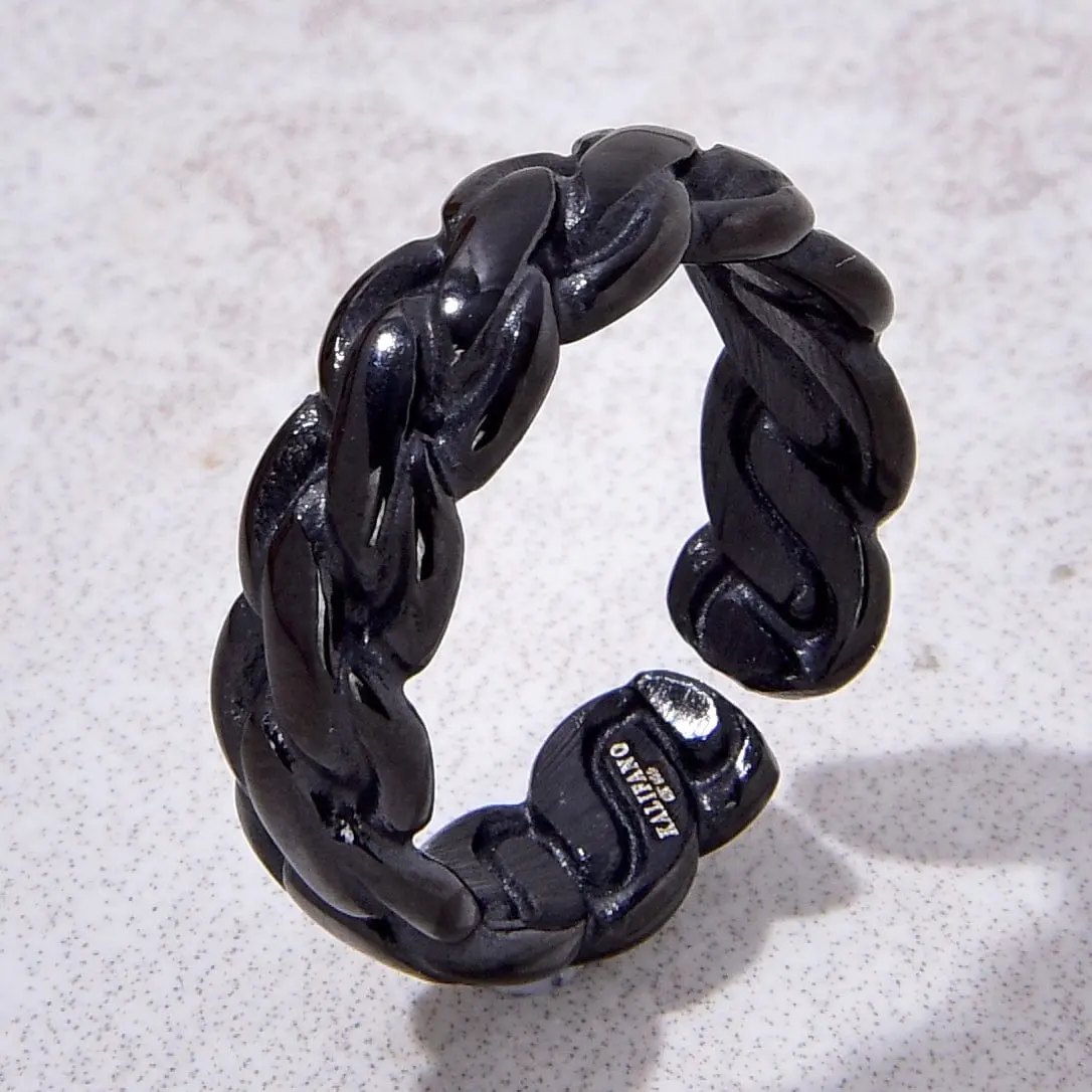 Black Braided Rope Steel Hearts Ring 4