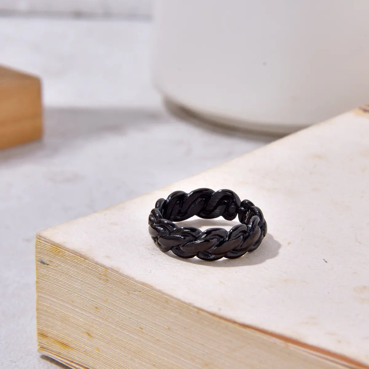 Black Braided Rope Steel Hearts Ring 6