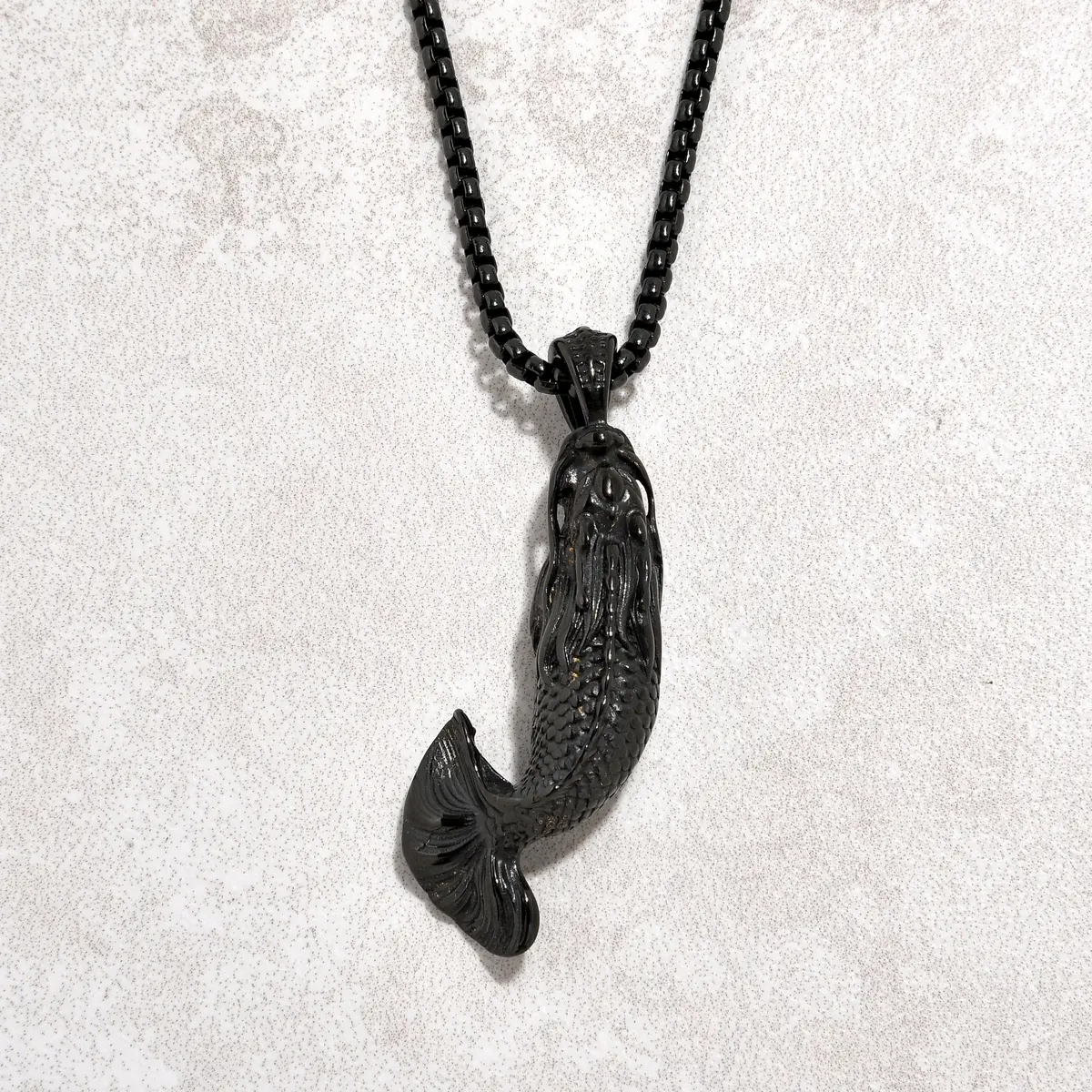 Black Gun Metal Carp Fish Steel Hearts Necklace 1