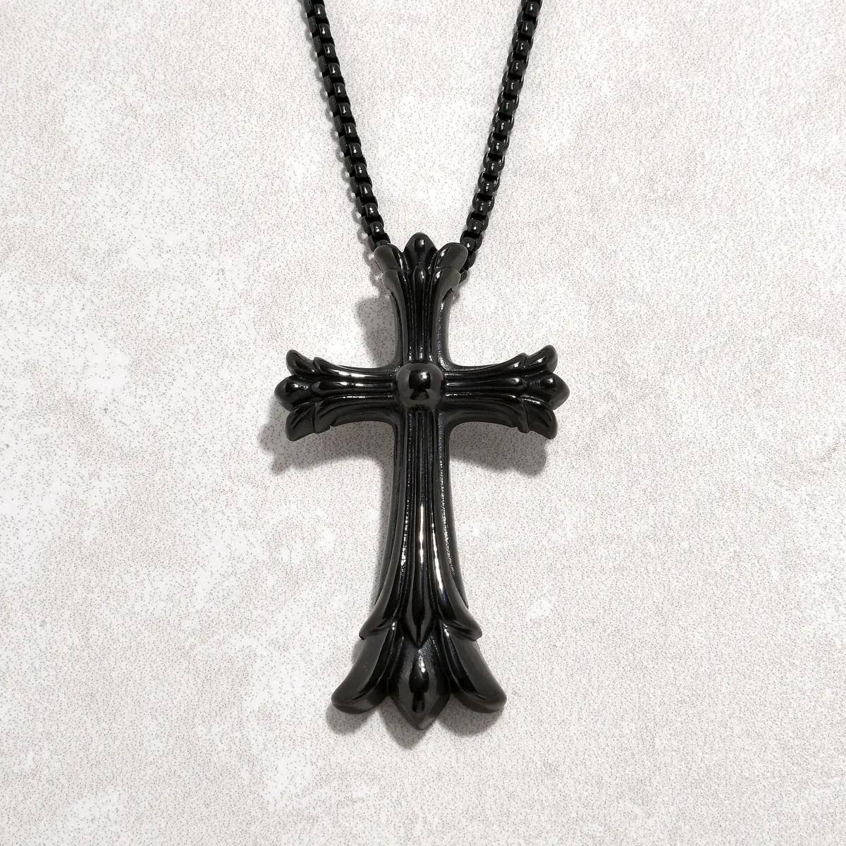 Black Gun Metal Cross Steel Hearts Necklace 1