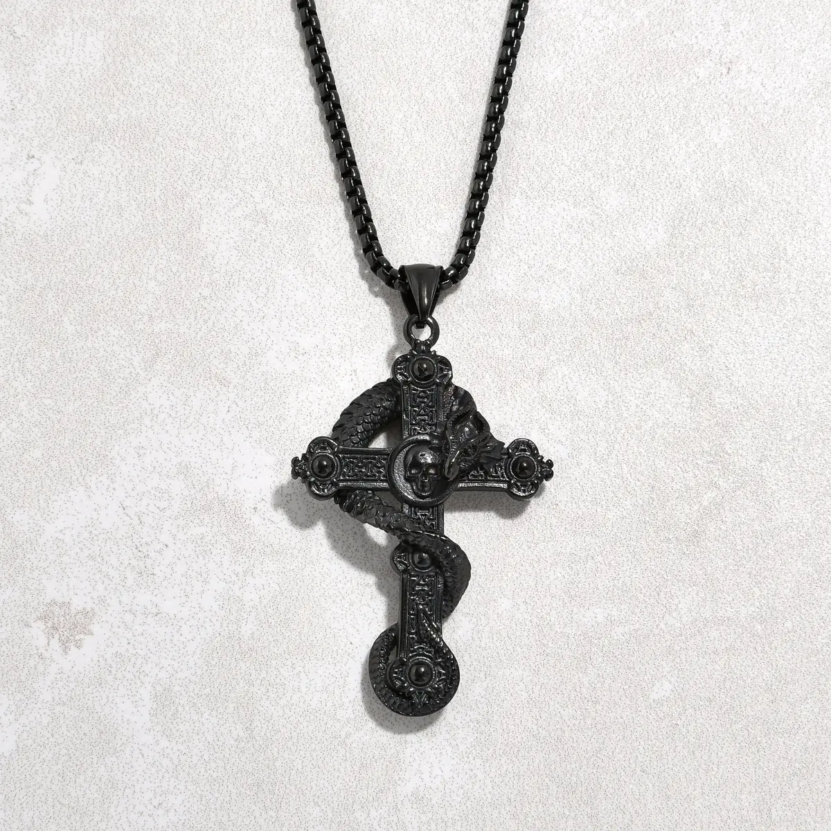 Black Gun Metal Dragon Cross Steel Hearts Necklace 1