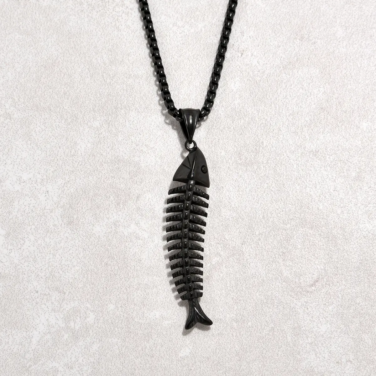 Black Gun Metal Fish Bone Steel Hearts Necklace 1