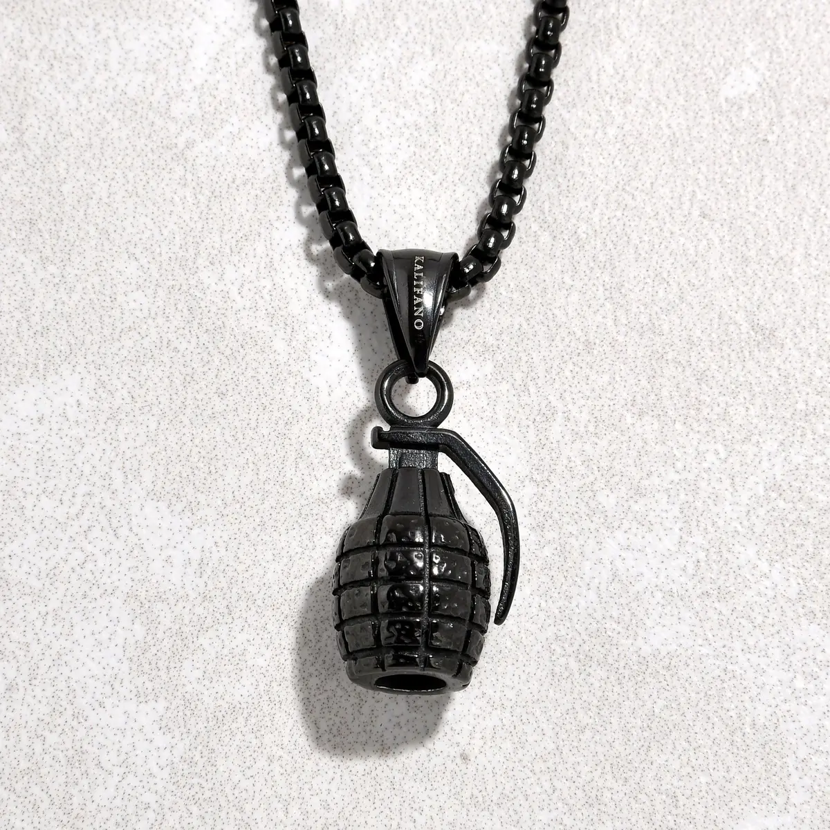 Black Gun Metal Grenade Steel Hearts Necklace 1