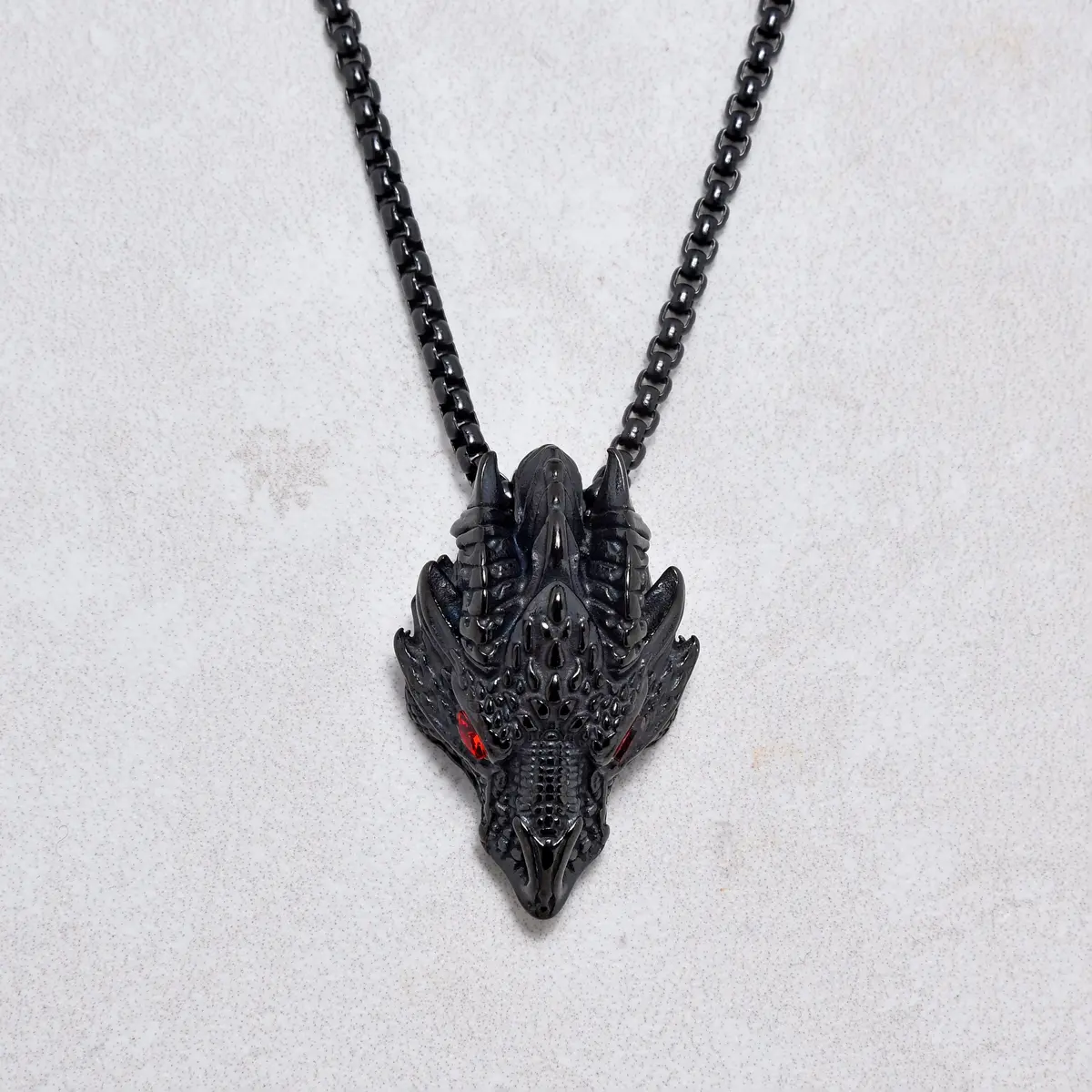 Black Gun Metal Red Eyed Dragon Steel Hearts Necklace 1