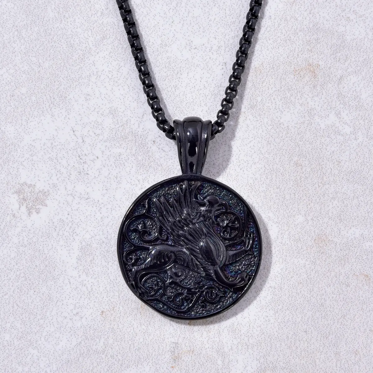 Black Gun Metal Phoenix Bird Steel Hearts Necklace 1