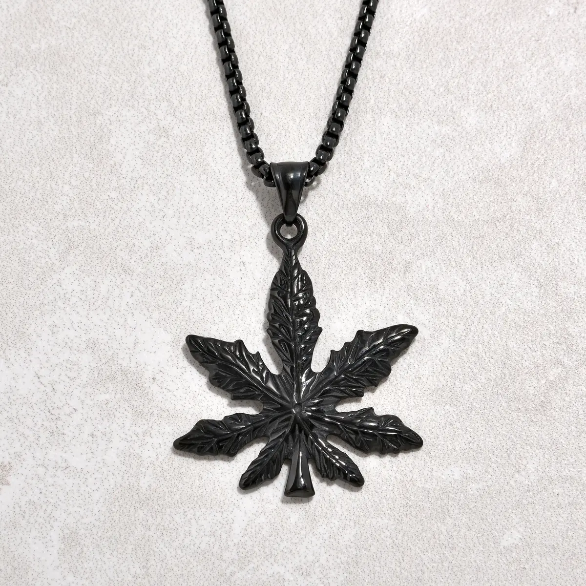 Black Gun Metal Hemp Leaf Steel Hearts Necklace 1