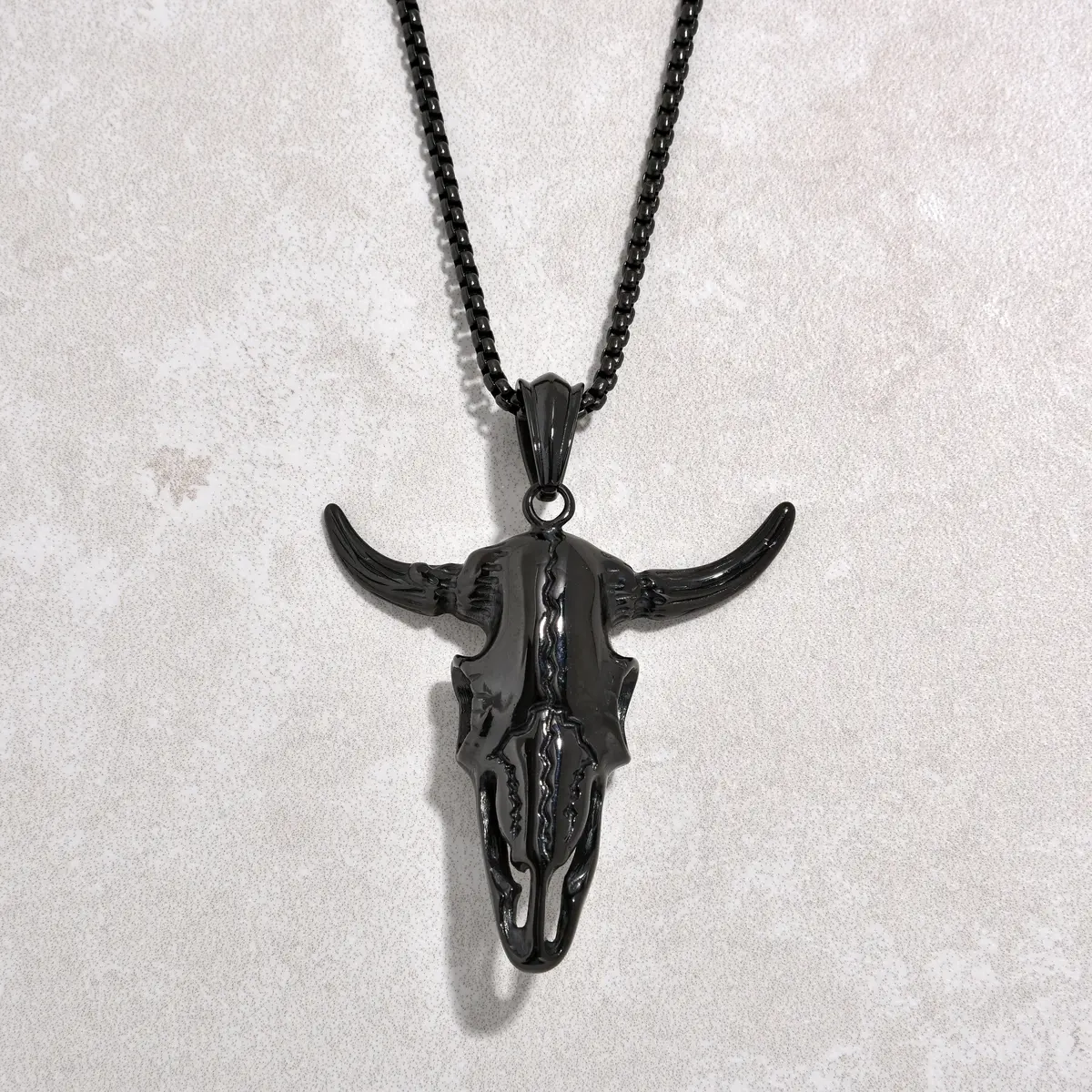 Black Gun Metal Large Bull Skull Steel Hearts Necklace 1
