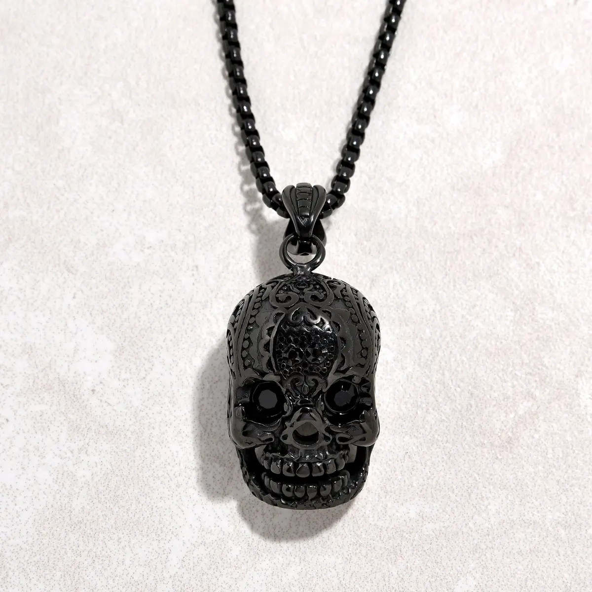 Black Gun Metal Skull Steel Hearts Necklace 1