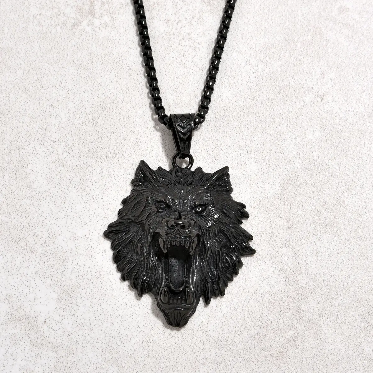 Black Gun Metal Wolf Steel Hearts Necklace 1