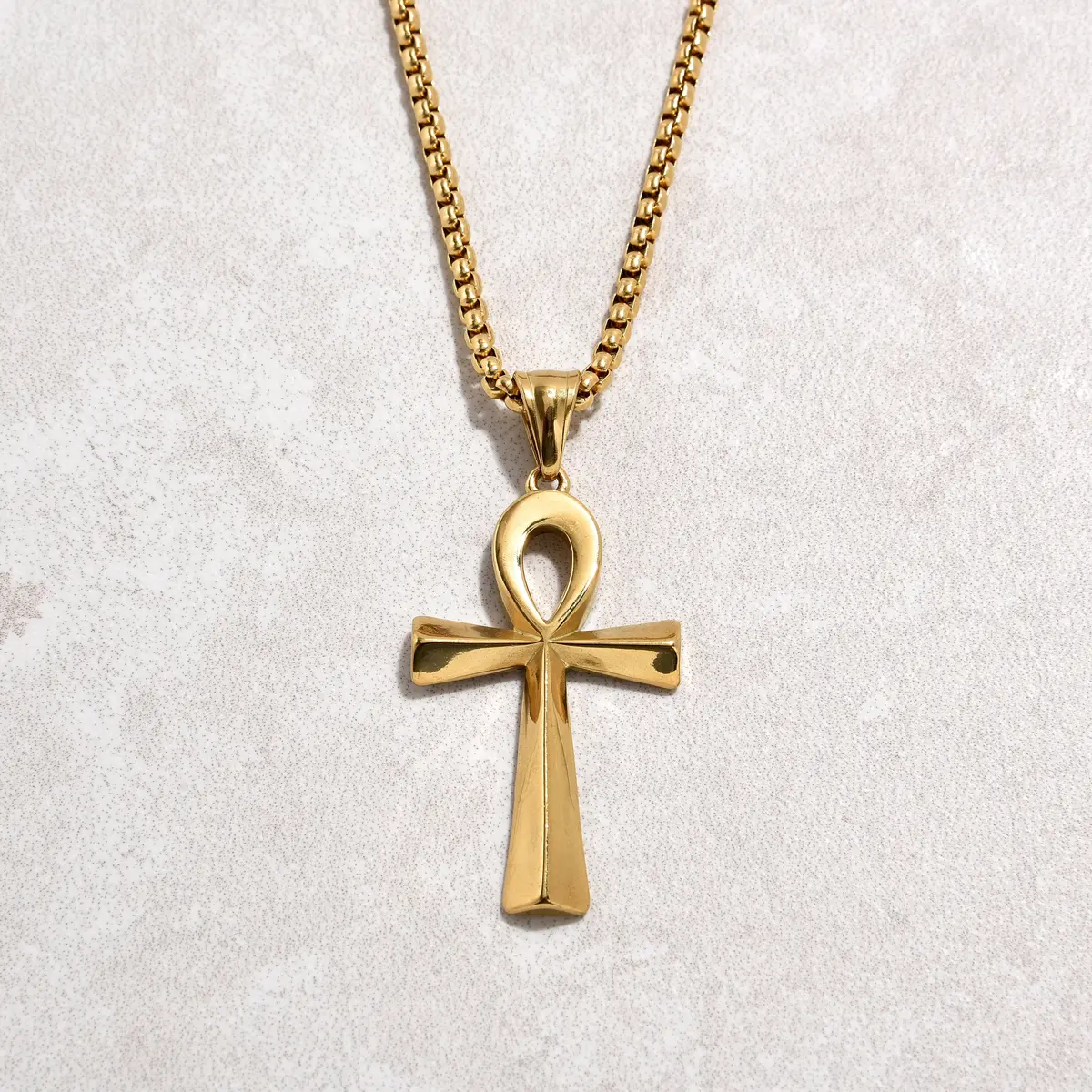 Gold Ankh Cross Steel Hearts Necklace 1