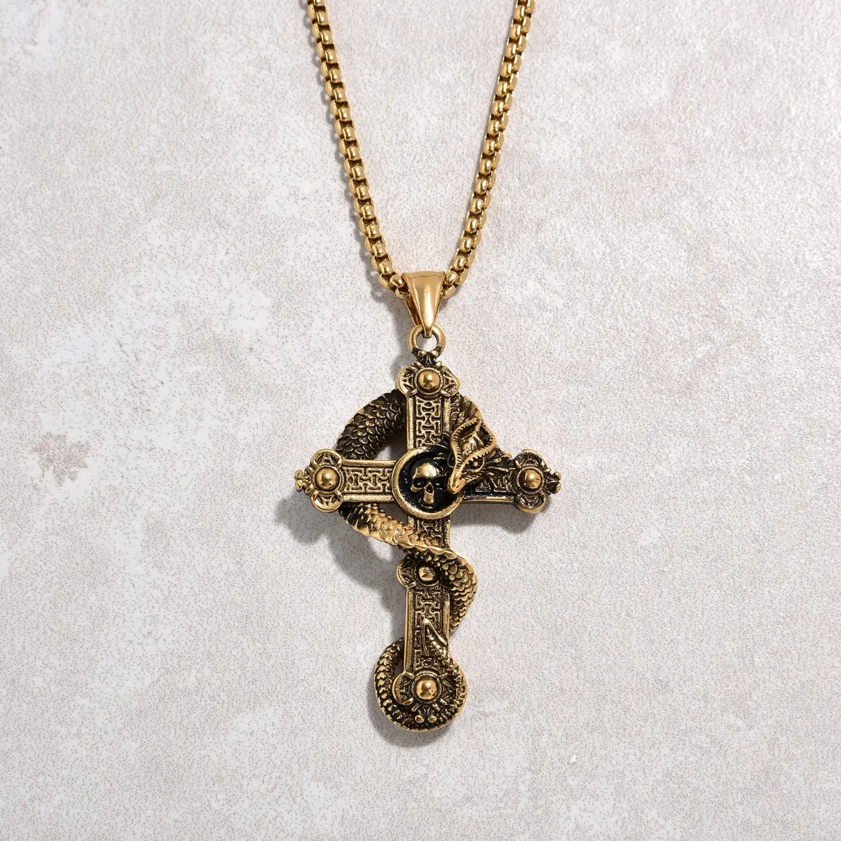Gold Dragon Cross Steel Hearts Necklace 1