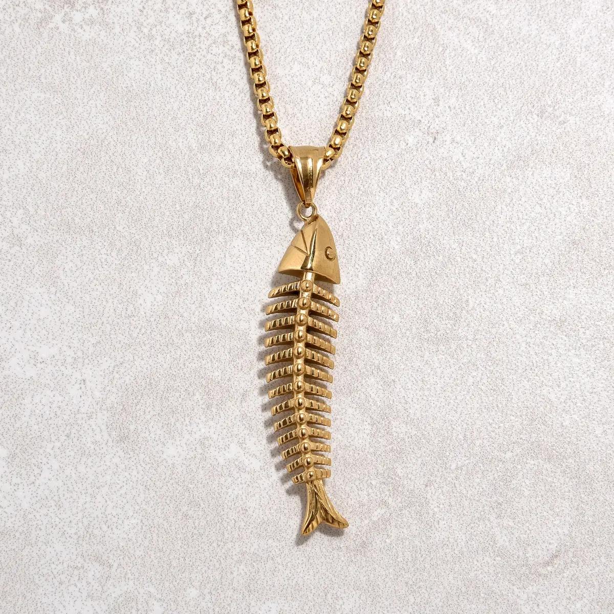 Gold Fish Bone Steel Hearts Necklace 1