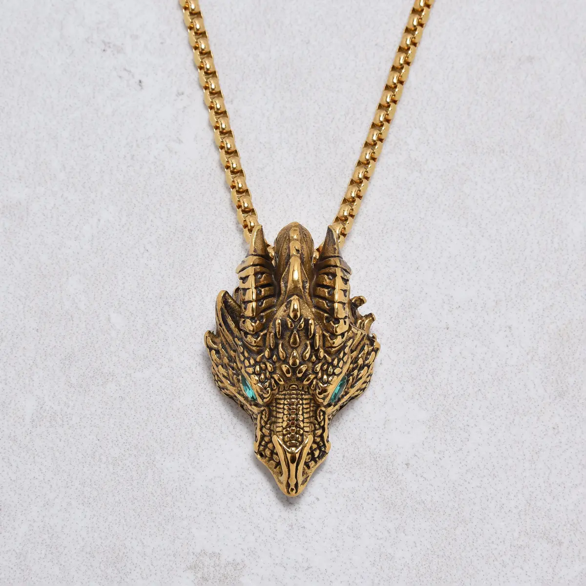 Gold Green Eyed Dragon Steel Hearts Necklace 1