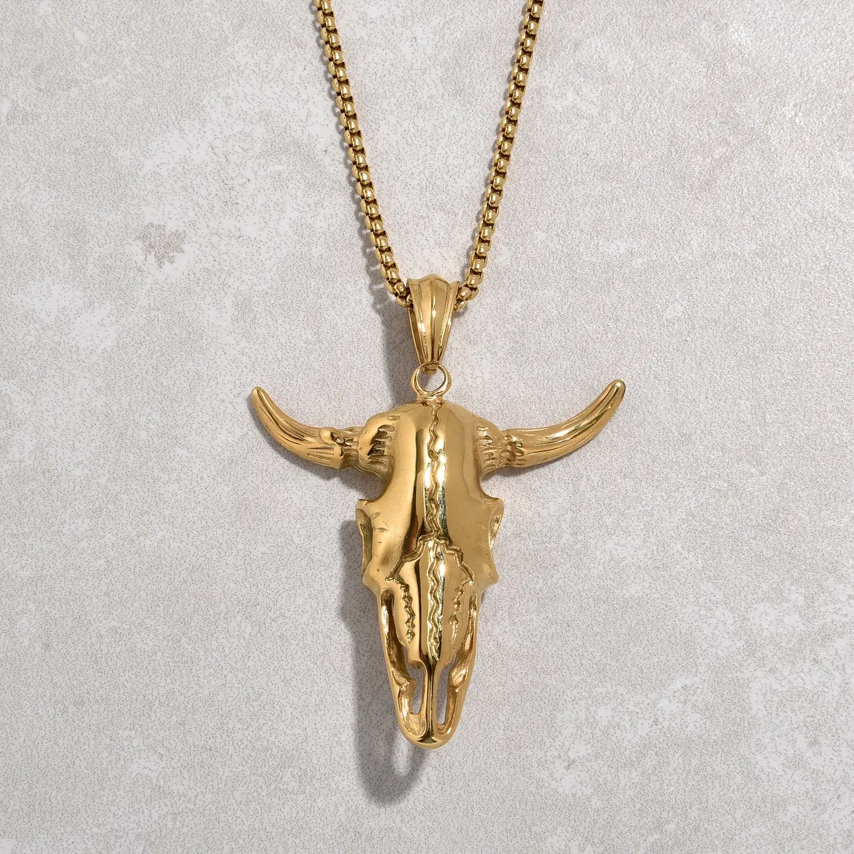 Gold Large Bull Skull Steel Hearts Necklace 1