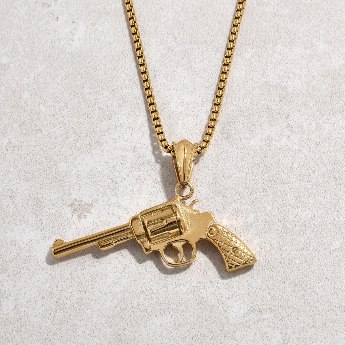 Gold Revolver Gun Steel Hearts Necklace 1