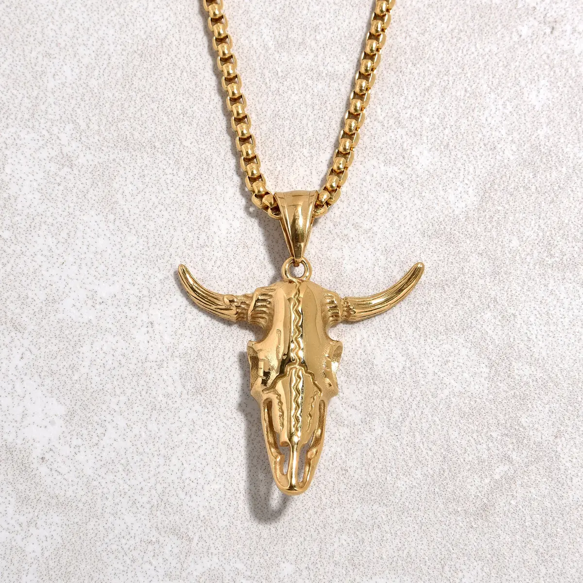 Gold Small Bull Skull Steel Hearts Necklace 1