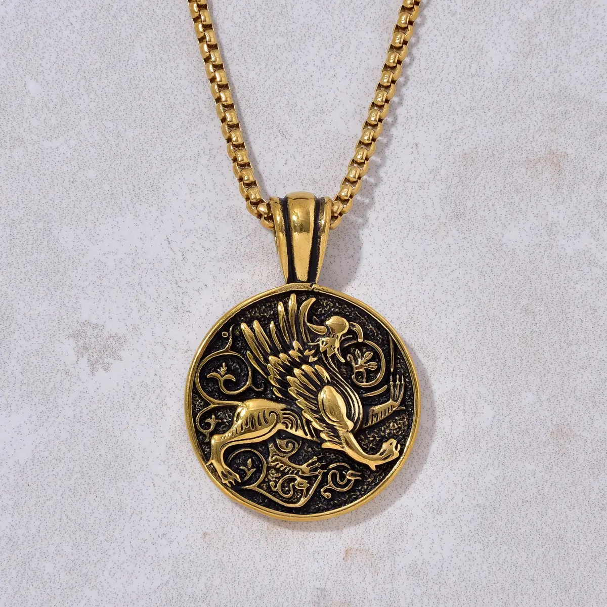 Gold Phoenix Bird Steel Hearts Necklace 1